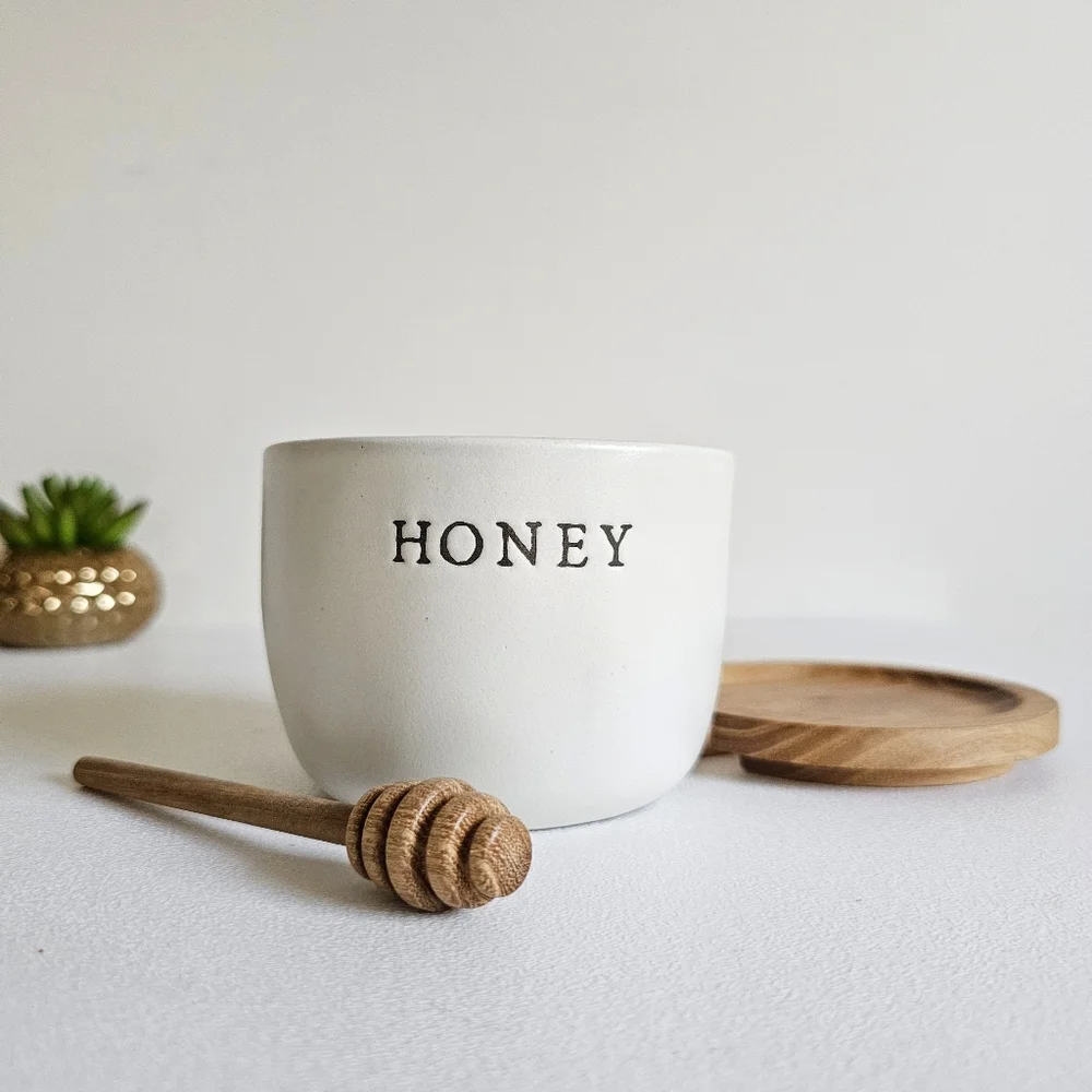 Heart & Hand With Magnolia Stonewear White Honey Jar Acacia Wooden Dipper & Lid